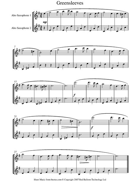 Greensleeves Sheet Music For Alto Saxophone Duet 8notes