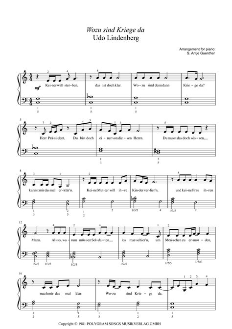 Wozu Sind Kriege Da arr Antje Günther by Udo Lindenberg Sheet Music