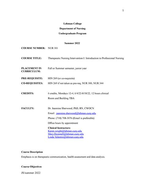 Syllabus Summer 301 - nur 301 - Lehman College Department of Nursing