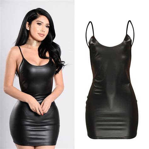 Vestido Negro De Piel Sint Tica Para Mujer Minivestido Sexy Con Cuello