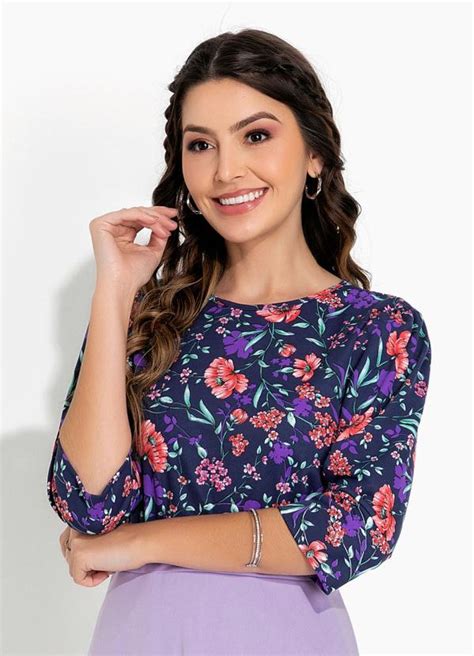 Blusa Floral Marinho Mangas Moda Evangélica Rosalie