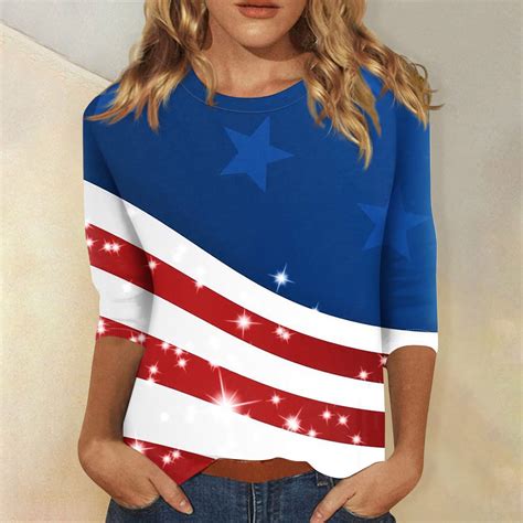 Sksloeg Summer Tops For Women American Flag Shirts Crew Neck 4th Of July 34 Length Sleeve