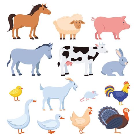 Farm Animals Set Isolated Horse Cow Goat Sheep Pig Rabbit