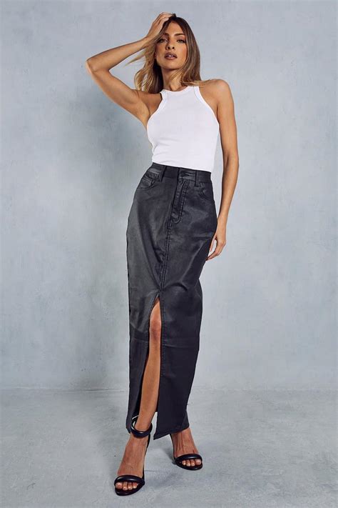 Denim Coated Split Front Maxi Skirt Boohoo Uk