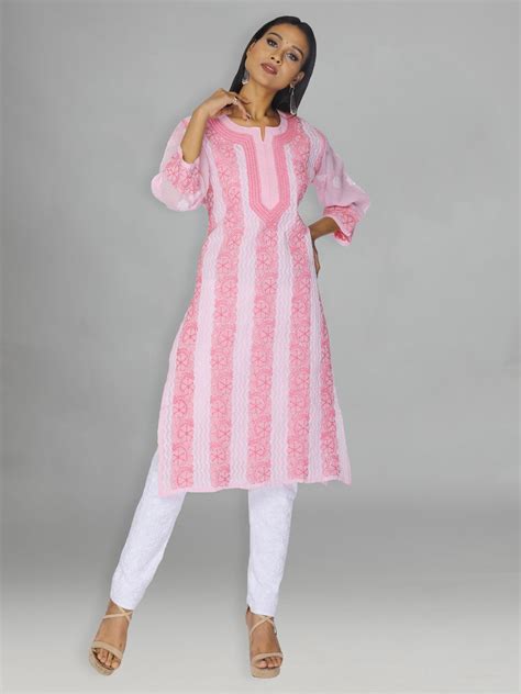 Seva Chikan Hand Embroidered Pink Cotton Lucknowi Chikankari Kurta Scl