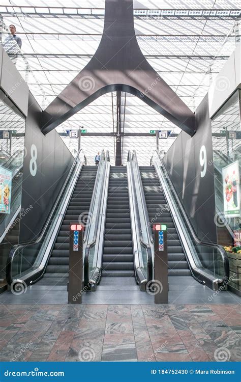 Modern Escalators Inside A Futuristic Station Mall Terminal Editorial