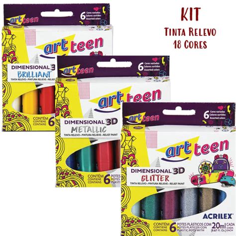 Kit Tinta Dimensional Acrilex D Cores Brilhante Met Lica Glitter