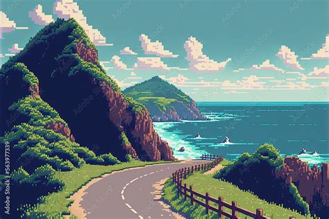 Pixel Art Highway On Hillside Near Sea Road On The Coast Landscape In