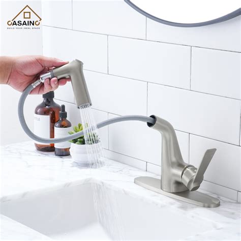 Casainc Brushed Nickel Single Hole 1 Handle Swivel Pull Down Bathroom Sink Faucet With Deck