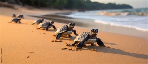 Newborn Hawksbill Sea Turtle Group Heading Towards The Sea At Bahia