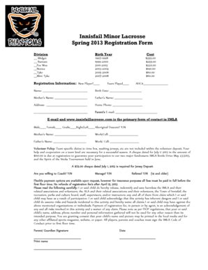 Fillable Online Innisfail Minor Lacrosse Spring 2013 Registration Form