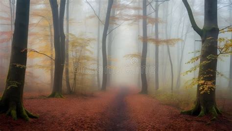 Fantasy Magical Autumn Forest Tree In A Foggy Stock Illustration