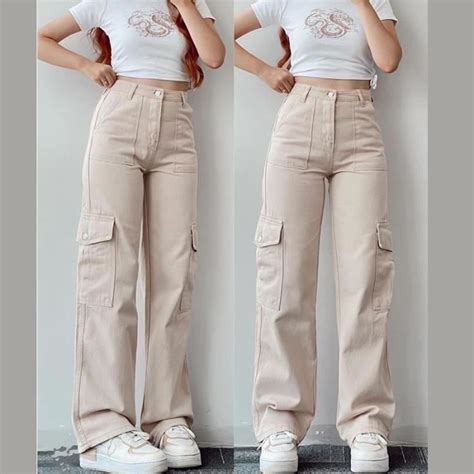 Pantalon Cargo Droit Pour Femme Taille Haute Baggy Jambes Larges