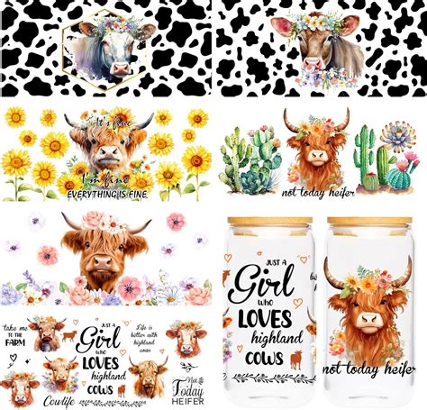 Amazon UVDTF Cup Wraps Transfer Sticker 6 Sheets Highland Cow UV