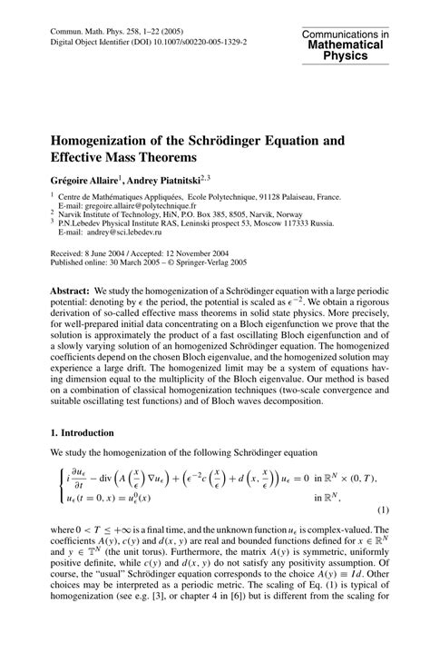 Pdf Homogenization Of The Schrödinger Equation And Effective Mass