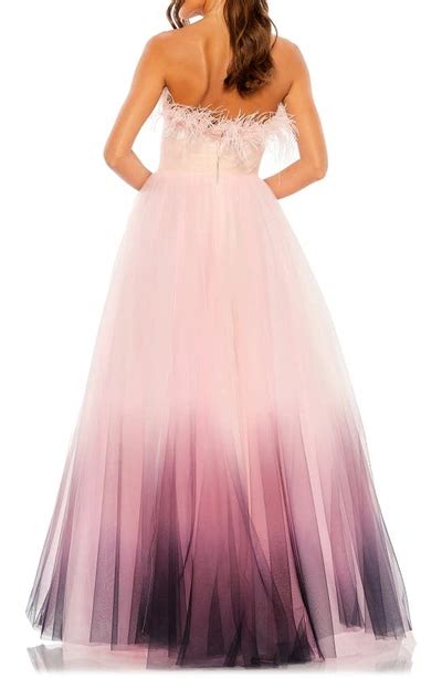 Mac Duggal Strapless Tulle Gown With Feather Accents In Pink Ombre Modesens