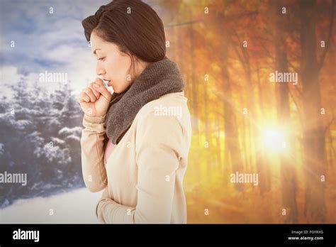 Composite Image Of Sick Brunette Coughing Stock Photo Alamy