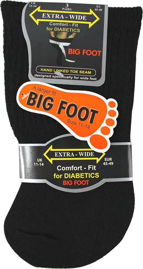 Mens Black Extra Wide Big Foot Comfort Fit Diabetic Socks 3 Pair Pack