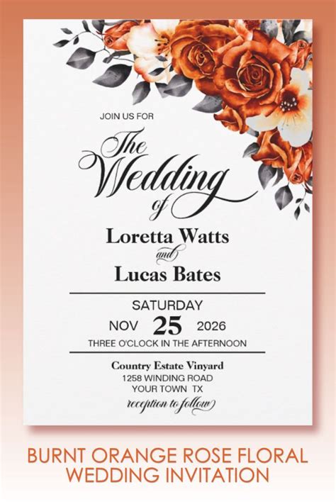 Elegant Burnt Orange Rose Floral Wedding Invitation Zazzle Floral Wedding Invitations