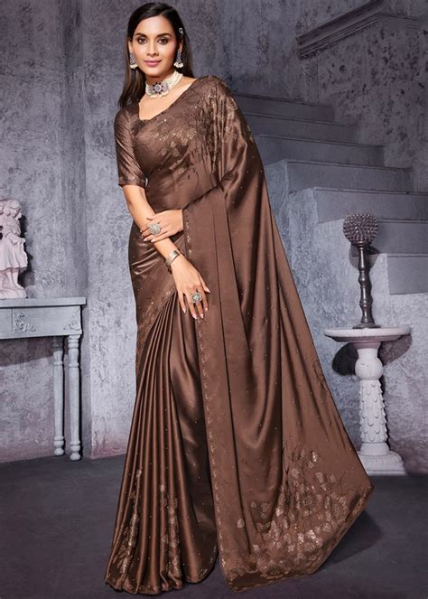 Brown Satin Saree In Stone Work And Blouse Latest 4948sr06