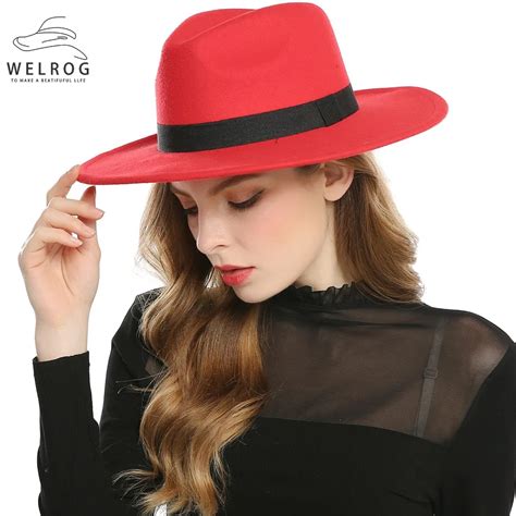 Aliexpress Buy Welrog Black Red Fedora Hats For Women Imitation