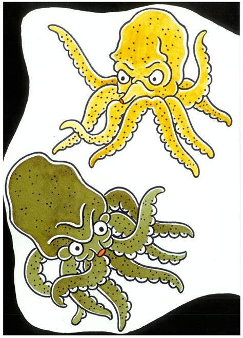 Traditional Japanese Green And Yellow Octopus Tattoo Flash Drawing