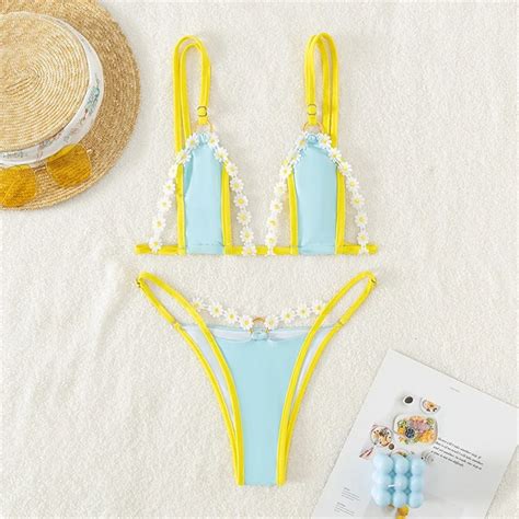 3D Flowers String Bikini Thong Lace Backless Swimsuit Sexy Micro Triangle Vacation Swimwears Two