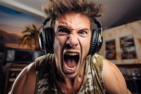 Premium Ai Image A Man Wearing Headphones And Screaming