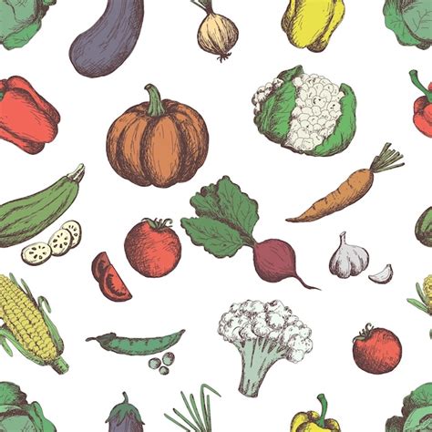 Premium Vector Hand Drawn Vegetables Seamless Pattern Vegan Food