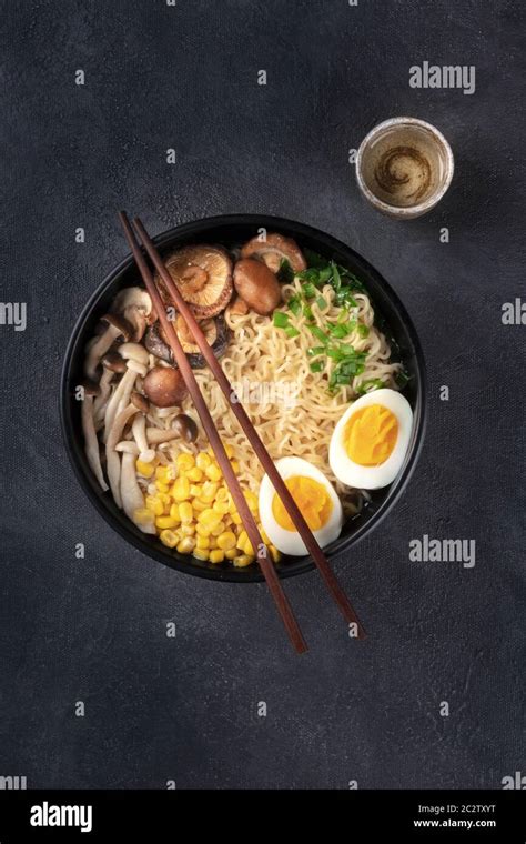 Ramen Soba Noodles With Eggs Shiitake Mushrooms And Vegetables Top