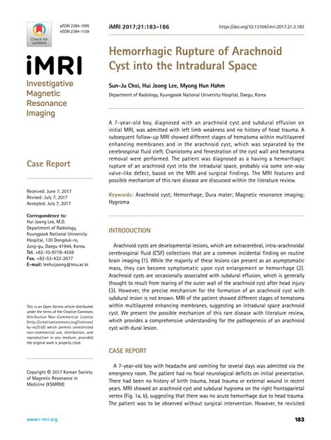 Pdf Hemorrhagic Rupture Of Arachnoid Cyst Into The Intradural Space