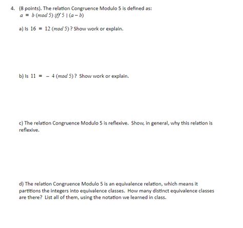 Solved 4 8 Points The Relation Congruence Modulo 5 Is Chegg