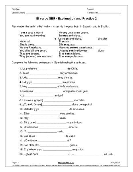 El Verbo Ser Explanation And Practice 2 Worksheet For 6th 7th Grade Lesson Planet