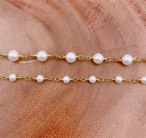 14k Gold Filled Pearl Chain White Pearl Rosary Chain Bulk Chain