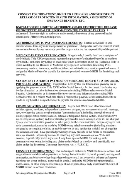 Fillable Online Msdh Ms Patient Authorization Form For Treatment