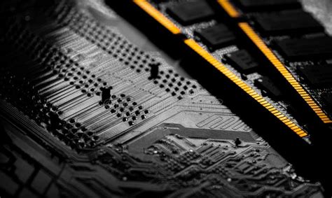 Macro Close Up Of Computer Ram Chip And Motherboard Stock Photo Image