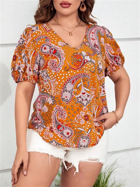 Shein Vcay Plus Paisley Print Puff Sleeve Blouse Shein Usa