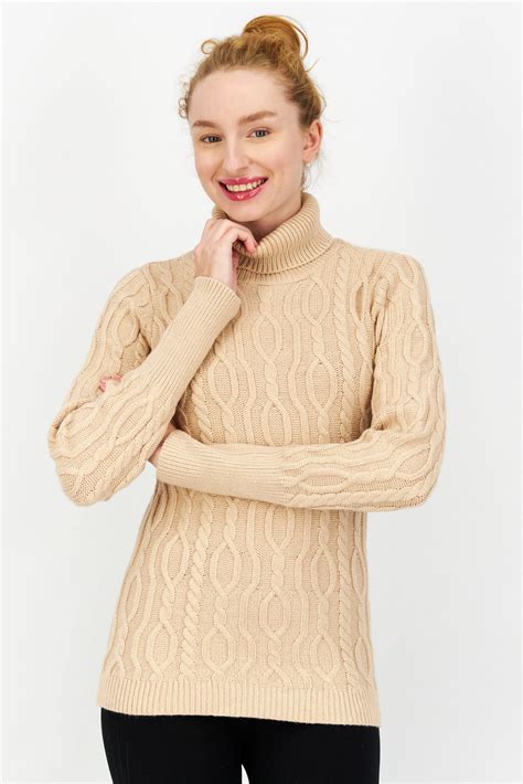 Buy Reserved Women Turtle Neck Long Sleeve Textured Sweater Beige Online Brands For Less