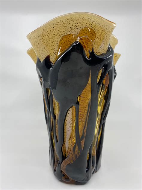 Large Gold and Amber Applied Glass Murano Vase by Artigianto Muranese