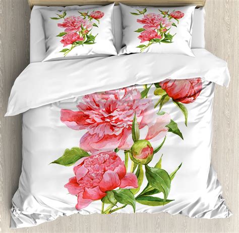 Watercolor Queen Size Duvet Cover Set Pink Peonies With Strong Green