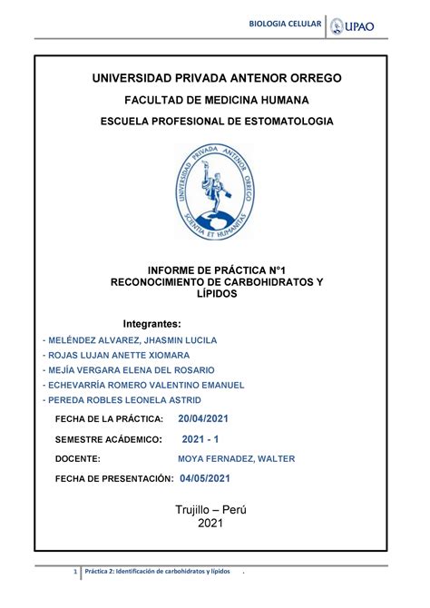 Informe De Carbohidratos Y Lipidos Universidad Antenor Orrego Fecha