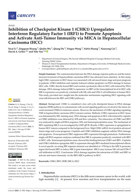 PDF Inhibition Of Checkpoint Kinase 1 CHK1 Upregulates Interferon