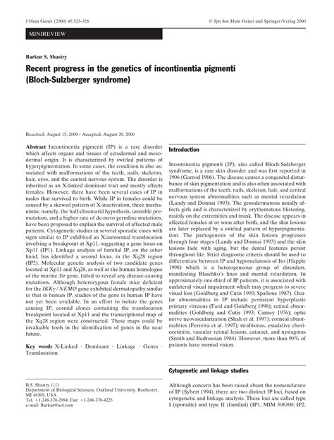 Recent Progress in the Genetics of Incontinentia Pigmenti (Bloch ...