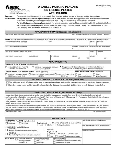 Form Med10 Download Fillable Pdf Or Fill Online Disabled Parking Placard Or License Plates