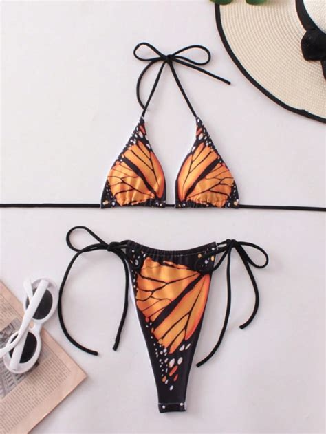 Pcs Polyester Red Butterfly Digital Print Halter Neck Triangle Bralette And Bikini Bottom