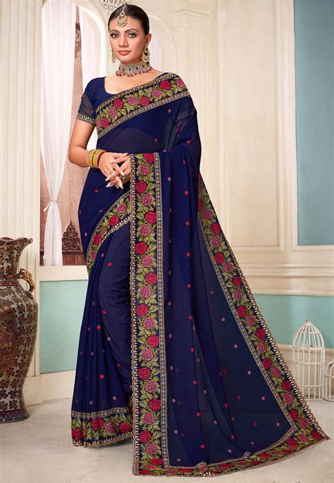 Buy Embroidered Georgette Scalloped Saree In Navy Blue Online Scba4972 Utsav Fashion