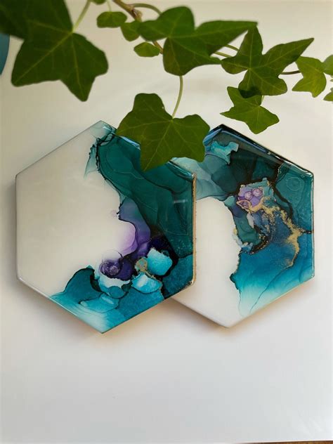 Hand Painted Coaster Set Alcohol Ink Coasters Resin Etsy