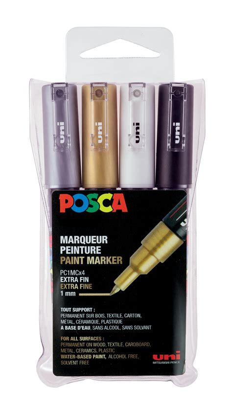 POSCA MARQUEUR PC 1MC Pointe Extra Fine X4 Noir Blanc Argent Or