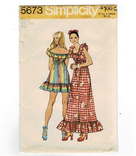 Simplicity 5673 1970s Boho Ruffled Dress Sewing Pattern Size 10 Bust 32