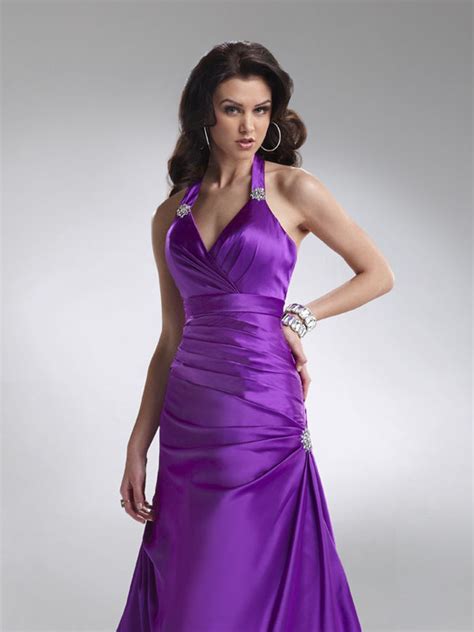 Purple A Line Halter Open Back Ruches Beadings Floor Length Evening Dresses